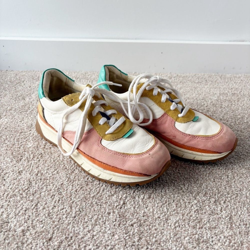 Madewell Kickoff Trainer Colorblock Leather Suede Platform Sneakers Pink 8